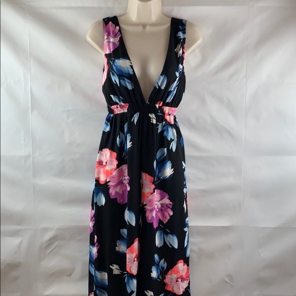 Aqua black floral deep v wide leg jumpsuit